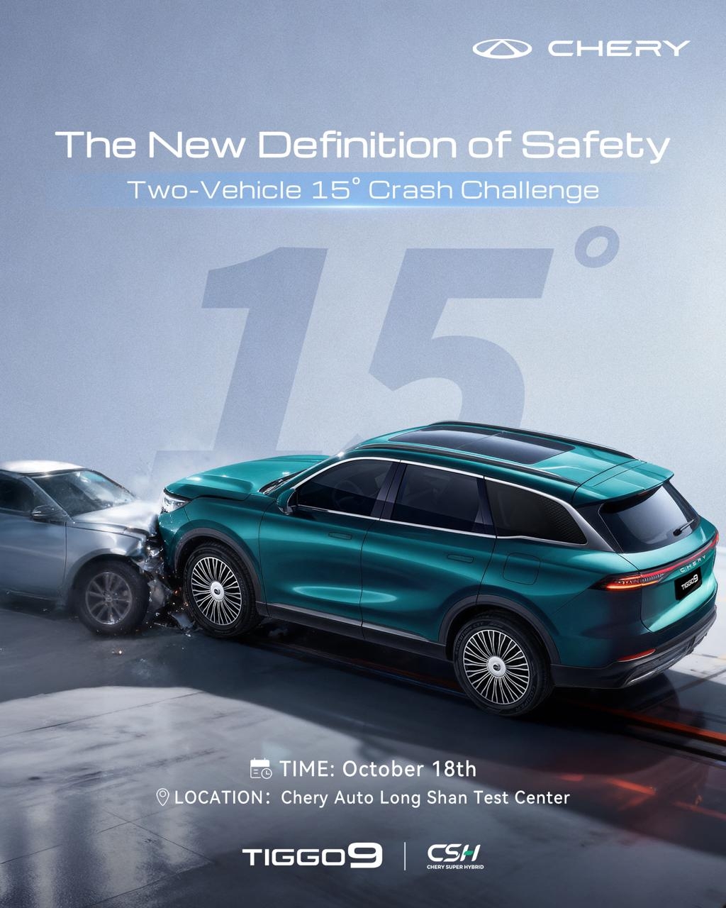 Vlajkový model Chery TIGGO 9 absolvuje na Brand User Summit 2025 extrémny test čelného nárazu dvoch vozidiel s malým prekrytím pod uhlom 15 stupňov.